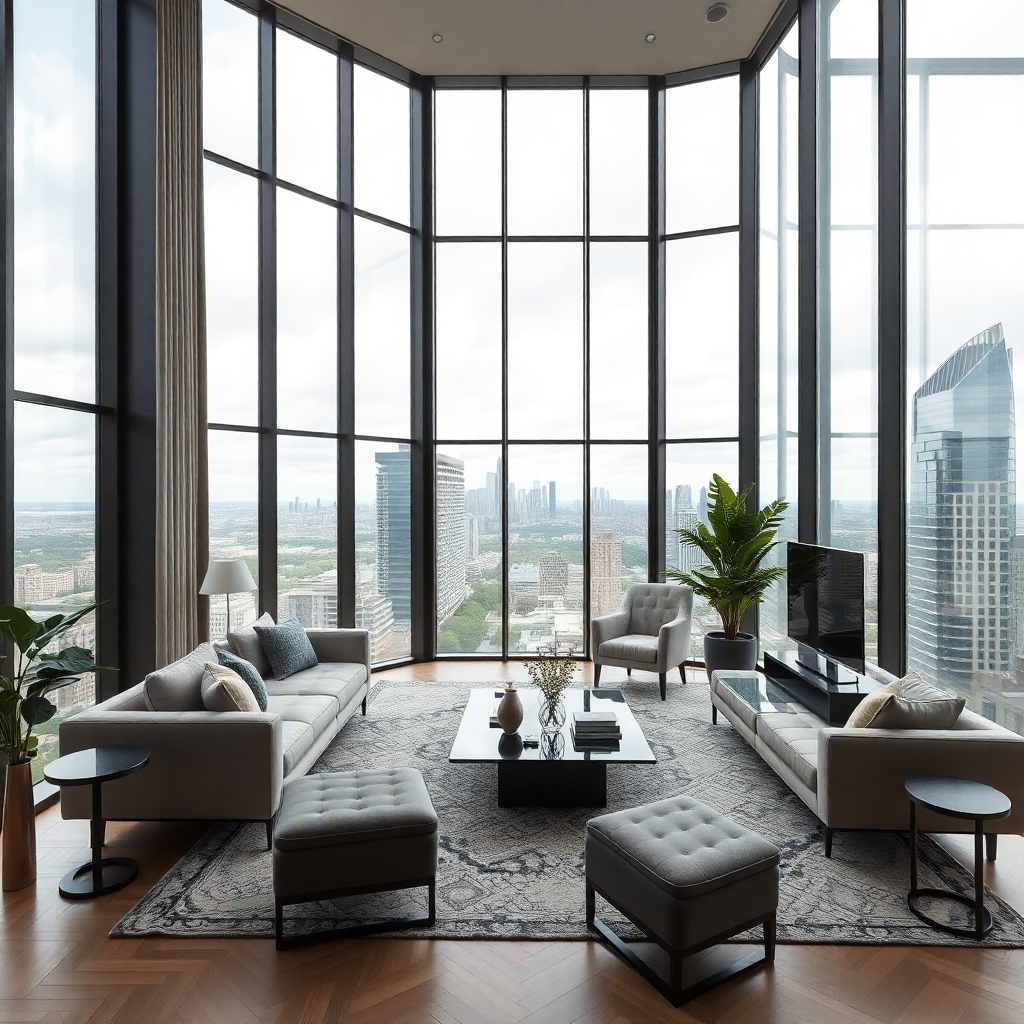 modern luxury apartment living room with floor to ceiling windows city view