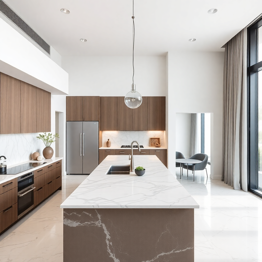 elegant modern apartment interior with open kitchen island marble countertops